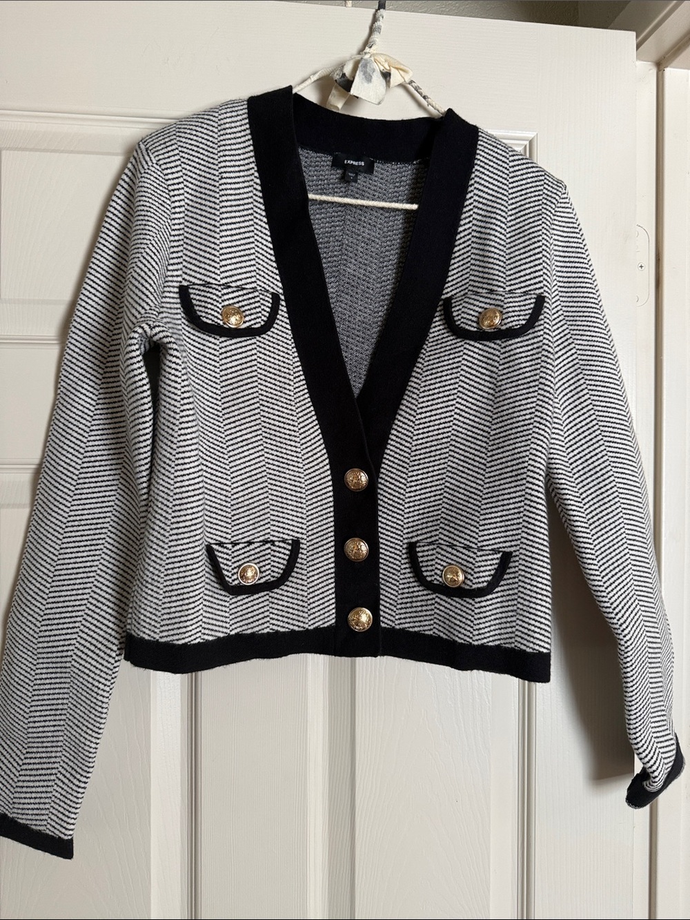 Express Black and White Herringbone Cardigan with Gold Buttons